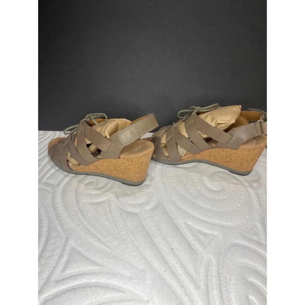 Clarks Collection Taupe Leather Lace Up Cork Wedge Sandals Womens 9 Cushion Soft